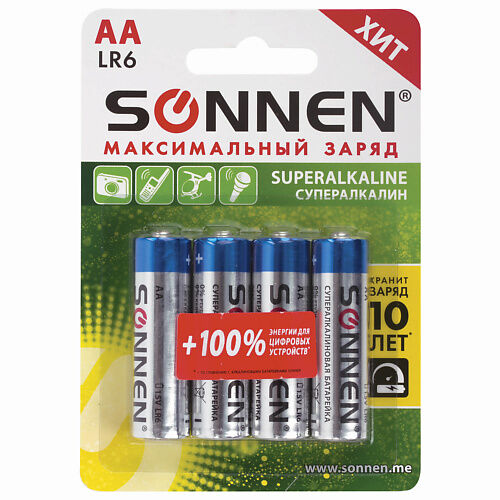 SONNEN Батарейки Super Alkaline, АА (LR6,15А) пальчиковые 4.0 MPL230077 фото 1