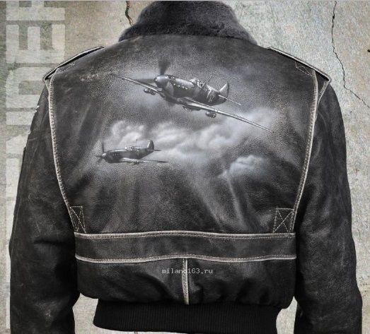 Кожаная куртка мужская Pretender Top Gun Vintage серая с рисунком Як-9