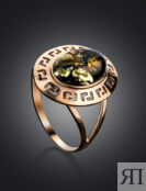 Кольцо из золота и натурального искрящегося зелёного янтаря «Эллада»