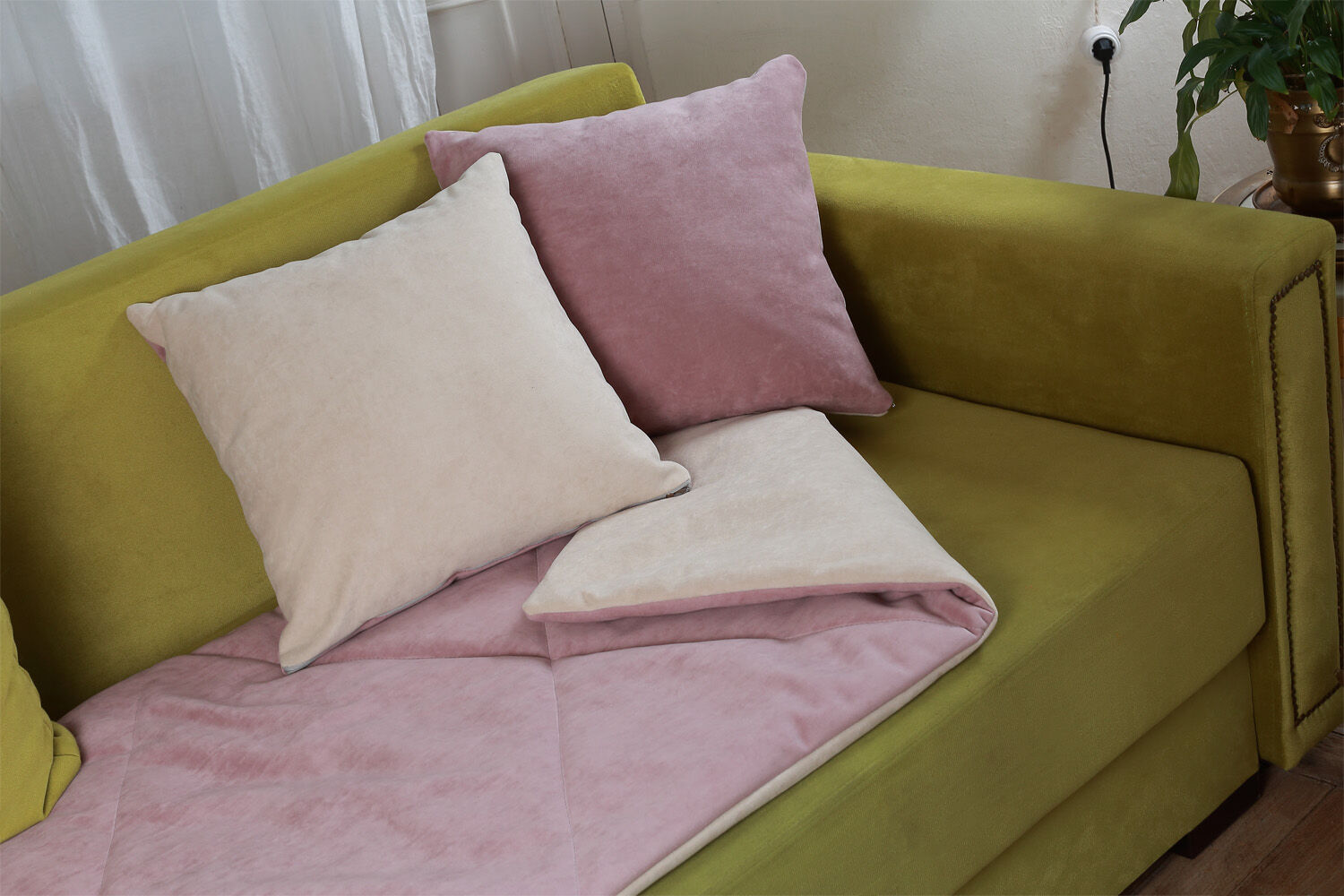 Топпер покрывало для дивана с подушками Lekki pudra/cream