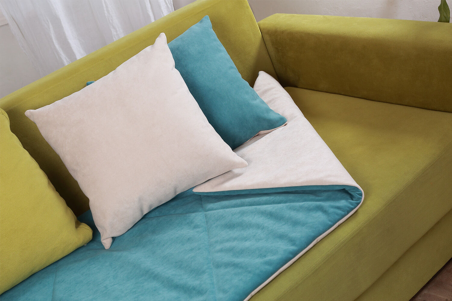Топпер покрывало для дивана с подушками Lekki emerald/cream