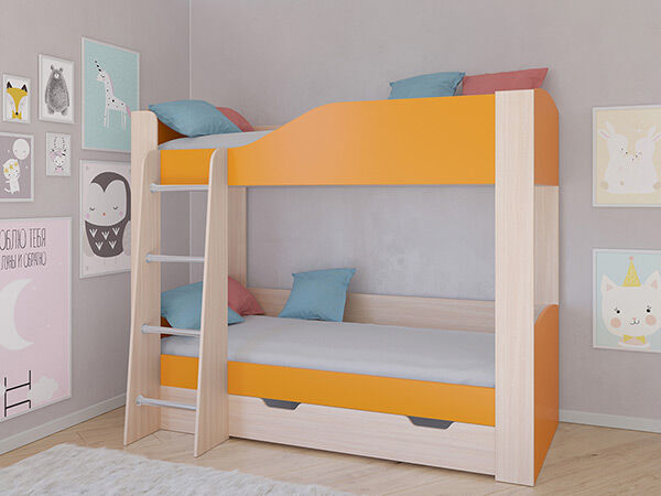 Детская двухъярусная кровать АСТРА 2 Дуб молочный/Оранжевый с ящиком