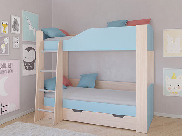 Детская двухъярусная кровать АСТРА 2 Дуб молочный/Голубой с ящиком