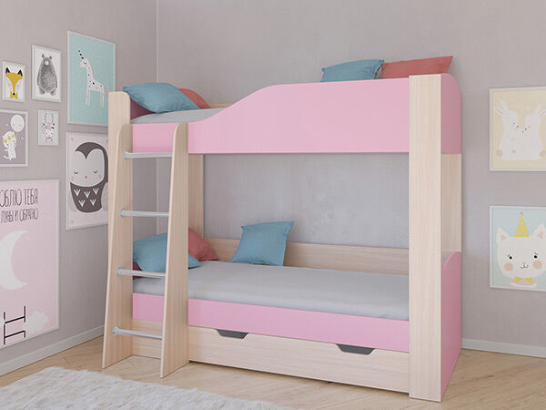 Детская двухъярусная кровать АСТРА 2 Дуб молочный/Розовый с ящиком
