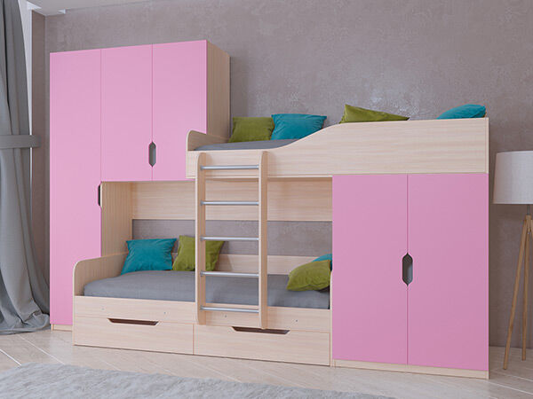 Детская двухъярусная кровать Лео Дуб молочный/Розовый