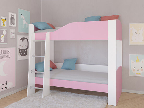 Детская двухъярусная кровать АСТРА 2 Белый/Розовый без ящика