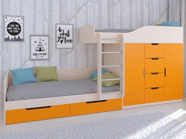 Детская двухъярусная кровать Астра 6 Дуб молочный/Оранжевый