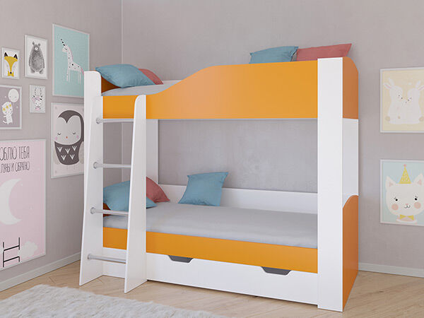 Детская двухъярусная кровать АСТРА 2  Белый/Оранжевый с ящиком