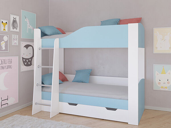 Детская двухъярусная кровать АСТРА 2  Белый/Голубой с ящиком