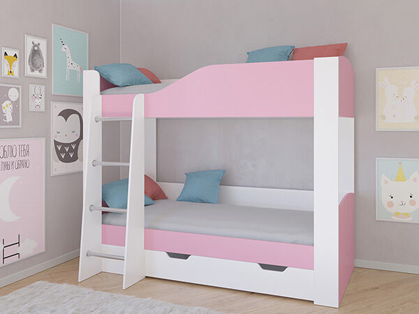 Детская двухъярусная кровать АСТРА 2  Белый/Розовый с ящиком
