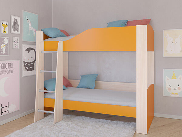 Детская двухъярусная кровать АСТРА 2 Дуб молочный/Оранжевый без ящика