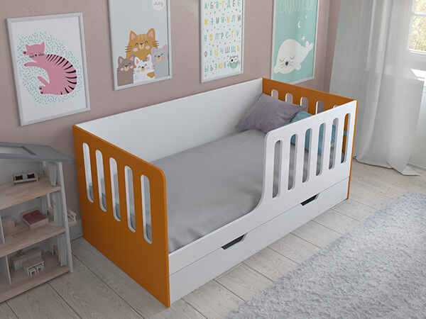 Детская кровать одноярусная Астра 12 с ящиком Белый/Оранжевый