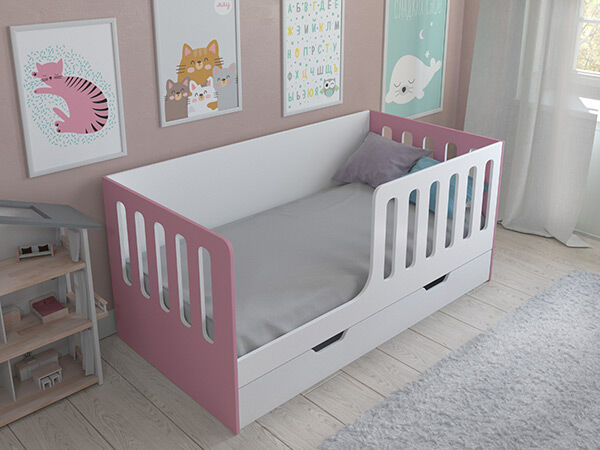 Детская кровать одноярусная Астра 12 с ящиком Белый/Розовый