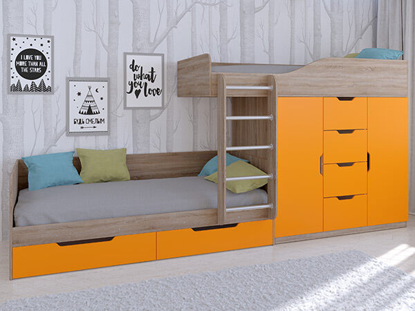 Детская двухъярусная кровать Астра 6  Сонома/Оранжевый