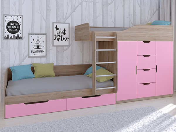 Детская двухъярусная кровать Астра 6  Сонома/Розовый