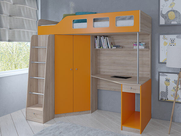 Детская кровать-чердак Астра 7 Сонома/Оранжевый