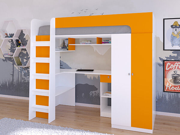 Детская кровать-чердак Астра 10 Белый/Оранжевый