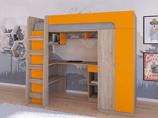 Детская кровать-чердак Астра 10 Сонома/Оранжевый
