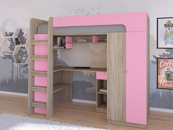 Детская кровать-чердак Астра 10 Сонома/Розовый