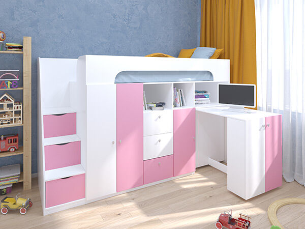 Детская кровать-чердак Астра 11 Белый/Розовый