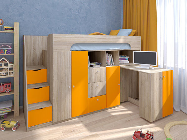 Детская кровать-чердак Астра 11 Сонома/Оранжевый
