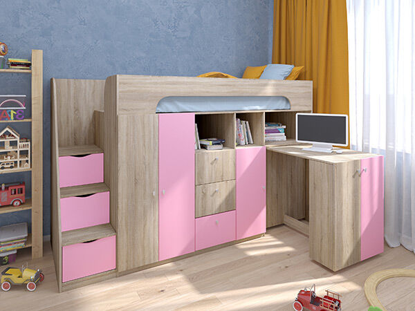 Детская кровать-чердак Астра 11 Сонома/Розовый