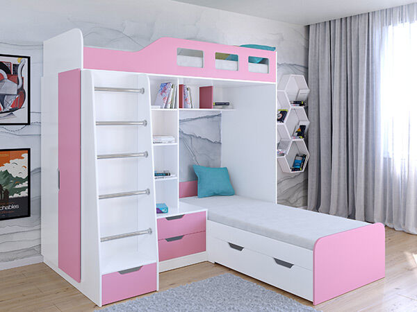 Детская двухъярусная кровать Астра 4  Белый/Розовый