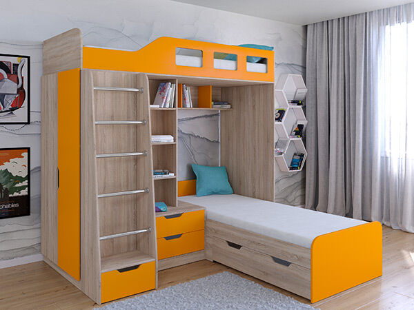 Детская двухъярусная кровать Астра 4  Сонома/Оранжевый
