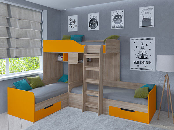 Детская кровать трехместная Трио Сонома/Оранжевый