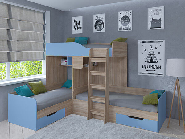 Детская кровать трехместная Трио Сонома/Голубой
