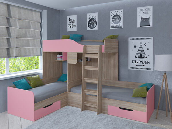Детская кровать трехместная Трио Сонома/Розовый