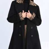 Пальто Длинное на пуговицах вставки с леопардовым принтом M черный