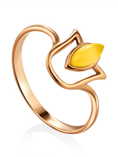 Нежное кольцо с ярко-медовым янтарём «Тюльпан»