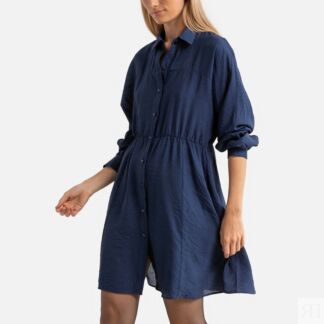Платье Короткое из атласного жаккарда рубашечный воротник 3(L) синий
