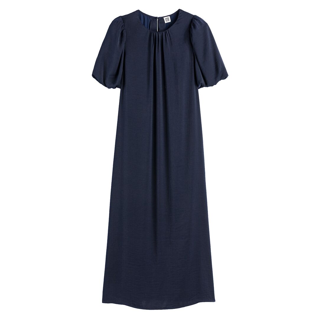 Платье длинное расклешенное с круглым вырезом и короткими рукавами с напуск